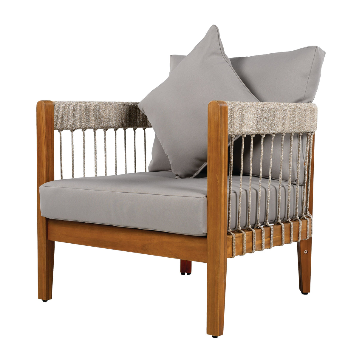 Acacia Wood Outdoor Club Chair with Handwoven Rope Accents & Curved Backrest