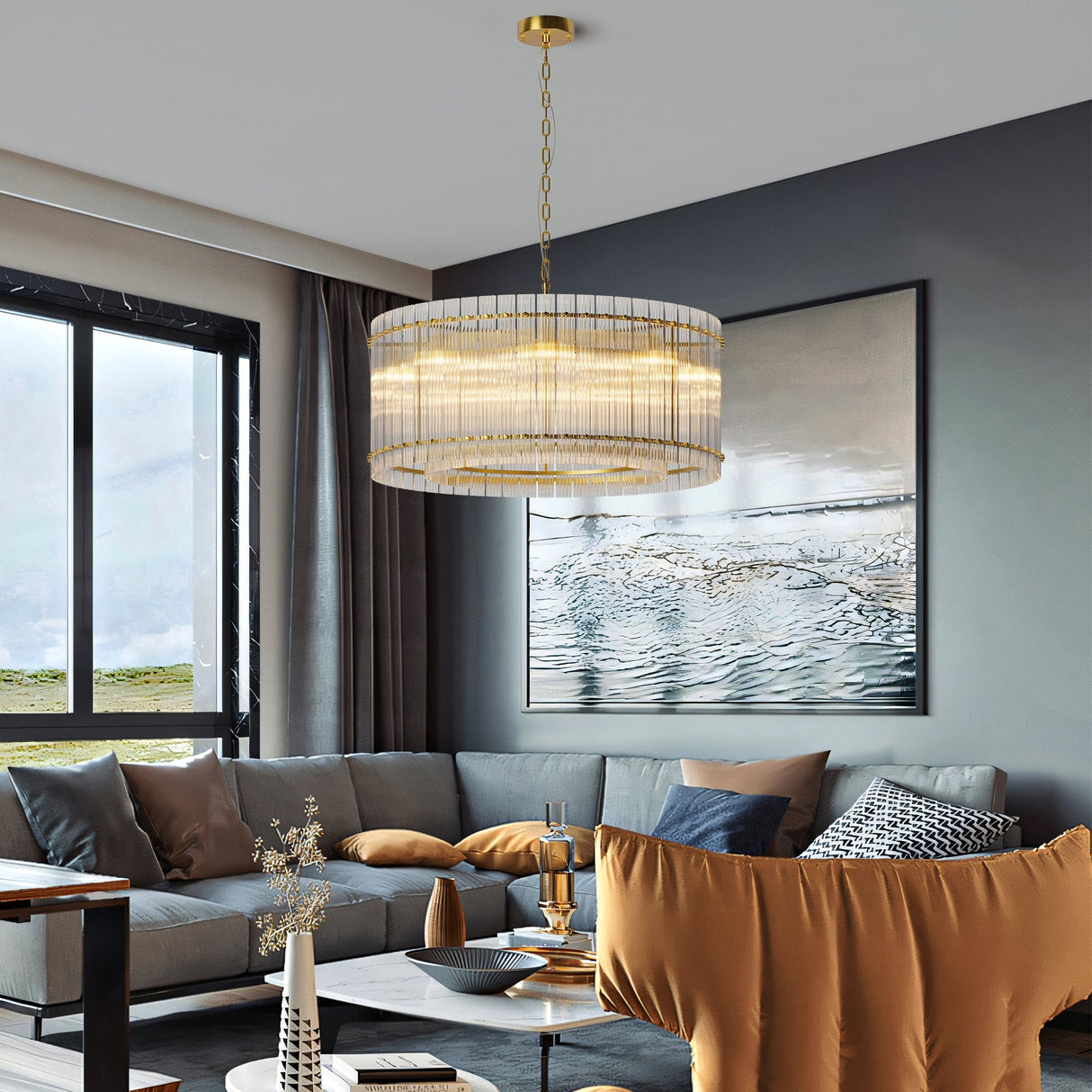 37' Modern Gold Round Chandelier,2-Tier 8-Light Water Ripple Crystal Glass Chandeliers,for Dining Room,Living Room,Bedroom,High Ceiling,Foyer Entryway,Luxury Chandelier