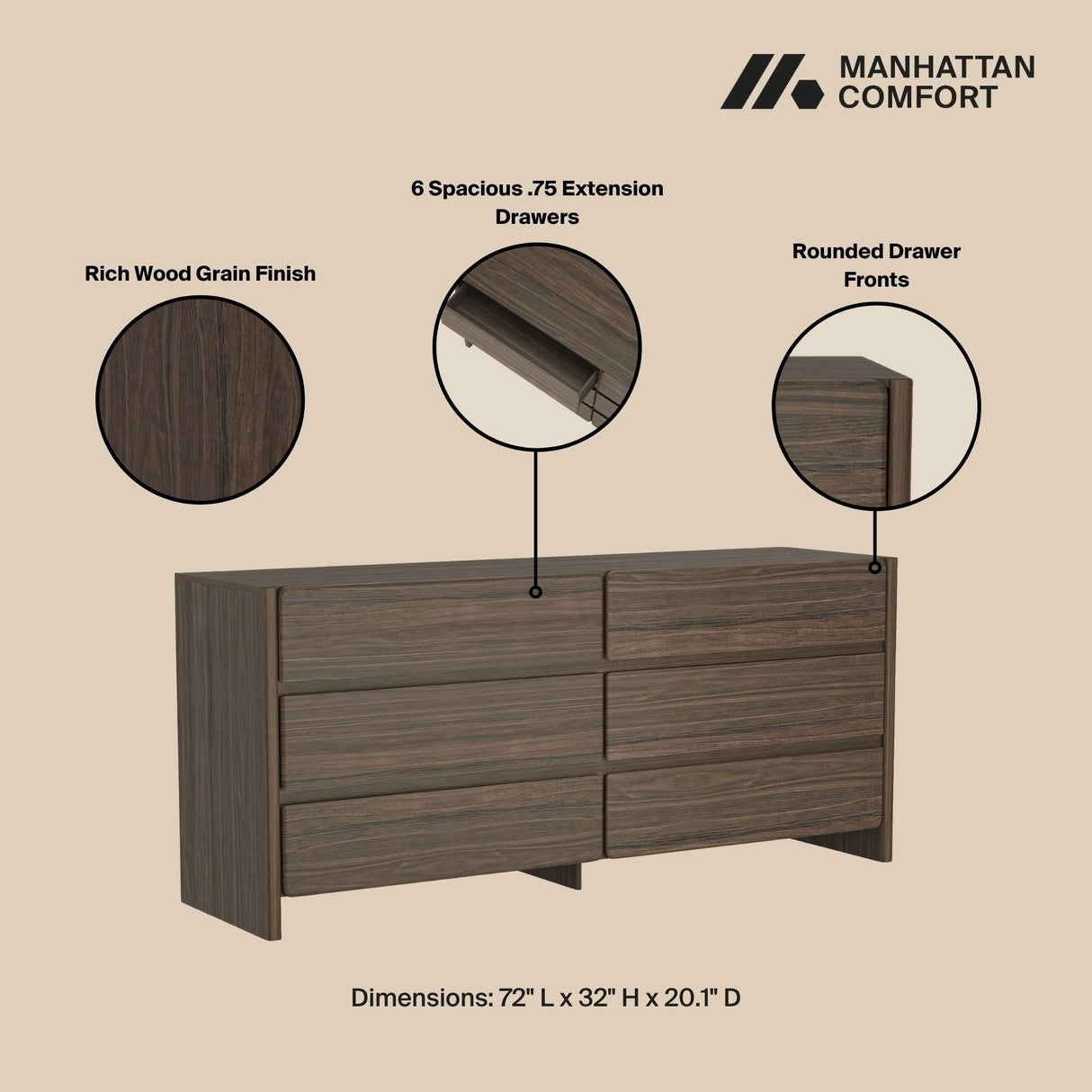 Linda - Double Wide Dresser With 6 Drawers
