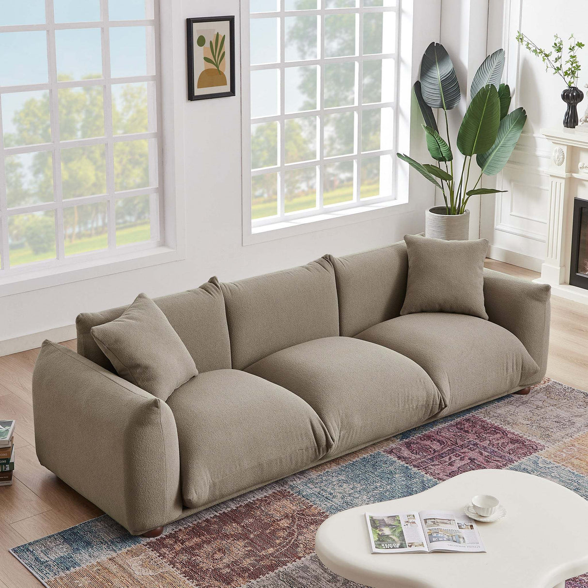 Kely Modern 100'' Mocha Boucle Upholstered Sofa with Solid Wood Legs