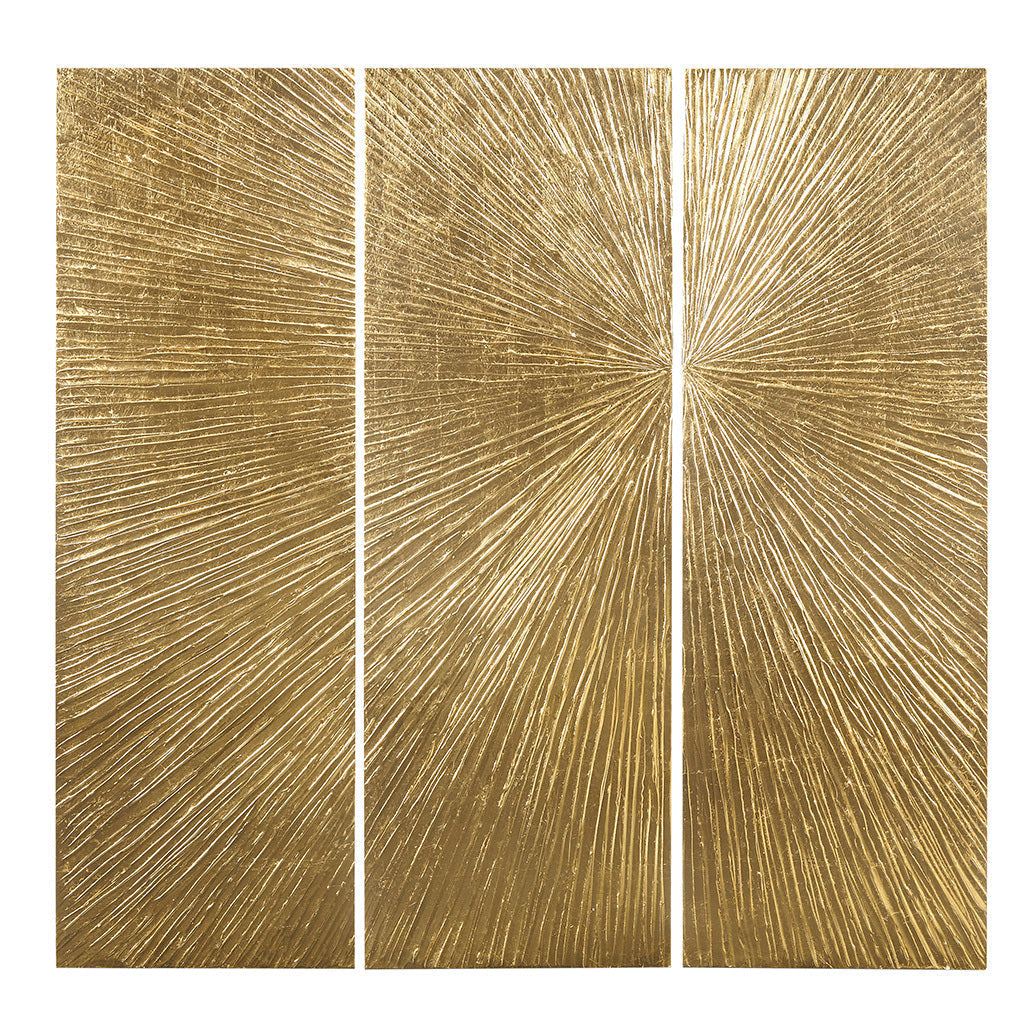 Signature Sunburst Hand-Painted Wall Art Triptych with Gold Foil – Gold