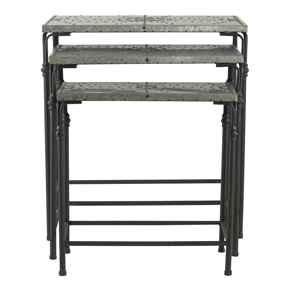 Set of 3 Metal Nesting Tables with Galvanized Tops - Antique Gray
