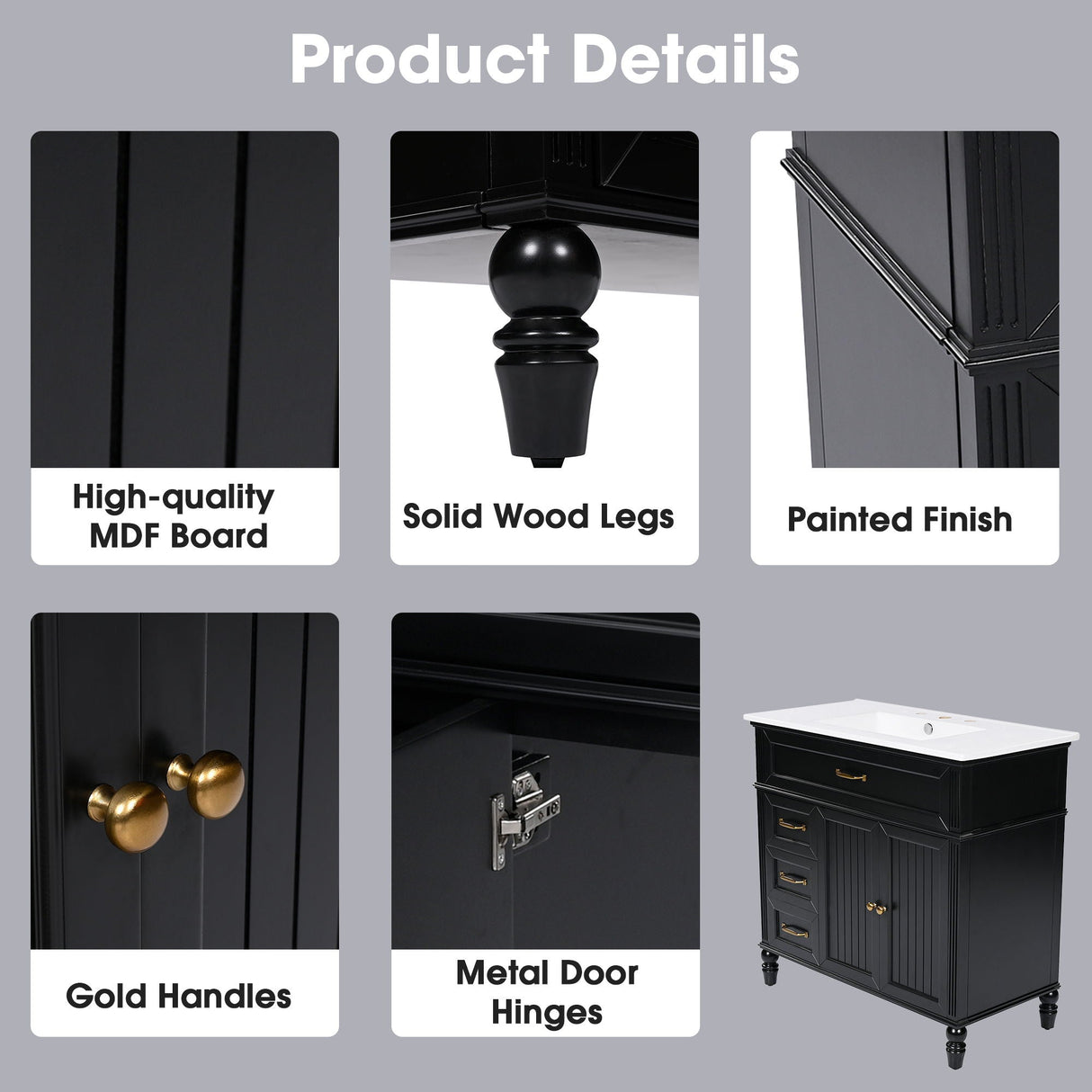 Bathroom Vanity With Sink, 2 Doors 2 Drawers, Freestanding Design