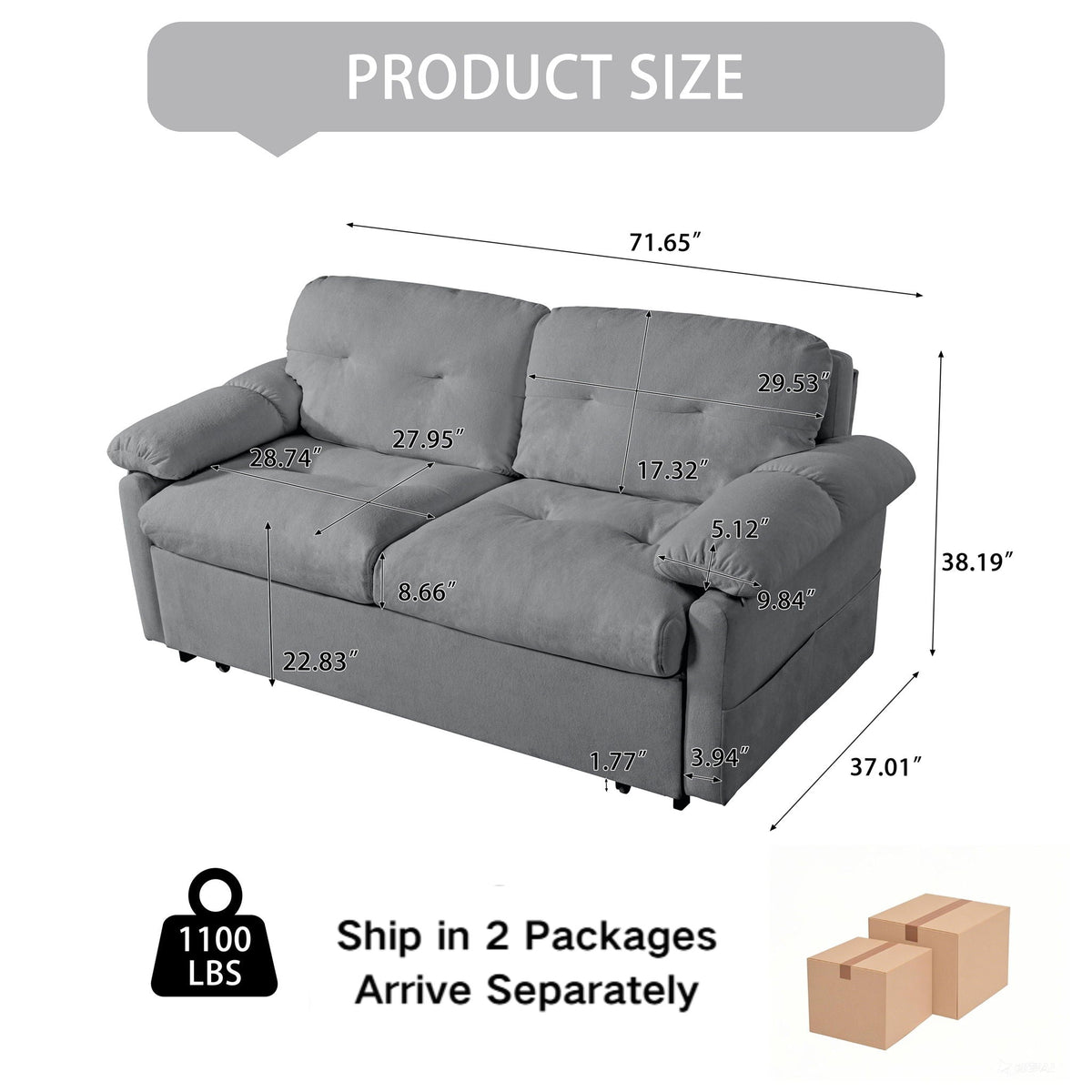Convertible Pull Out Sofa Bed Queen Size with Side Storage - Fabric, Modern