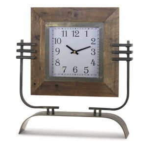 Wood square clock on rustic metal stand 17.5"h