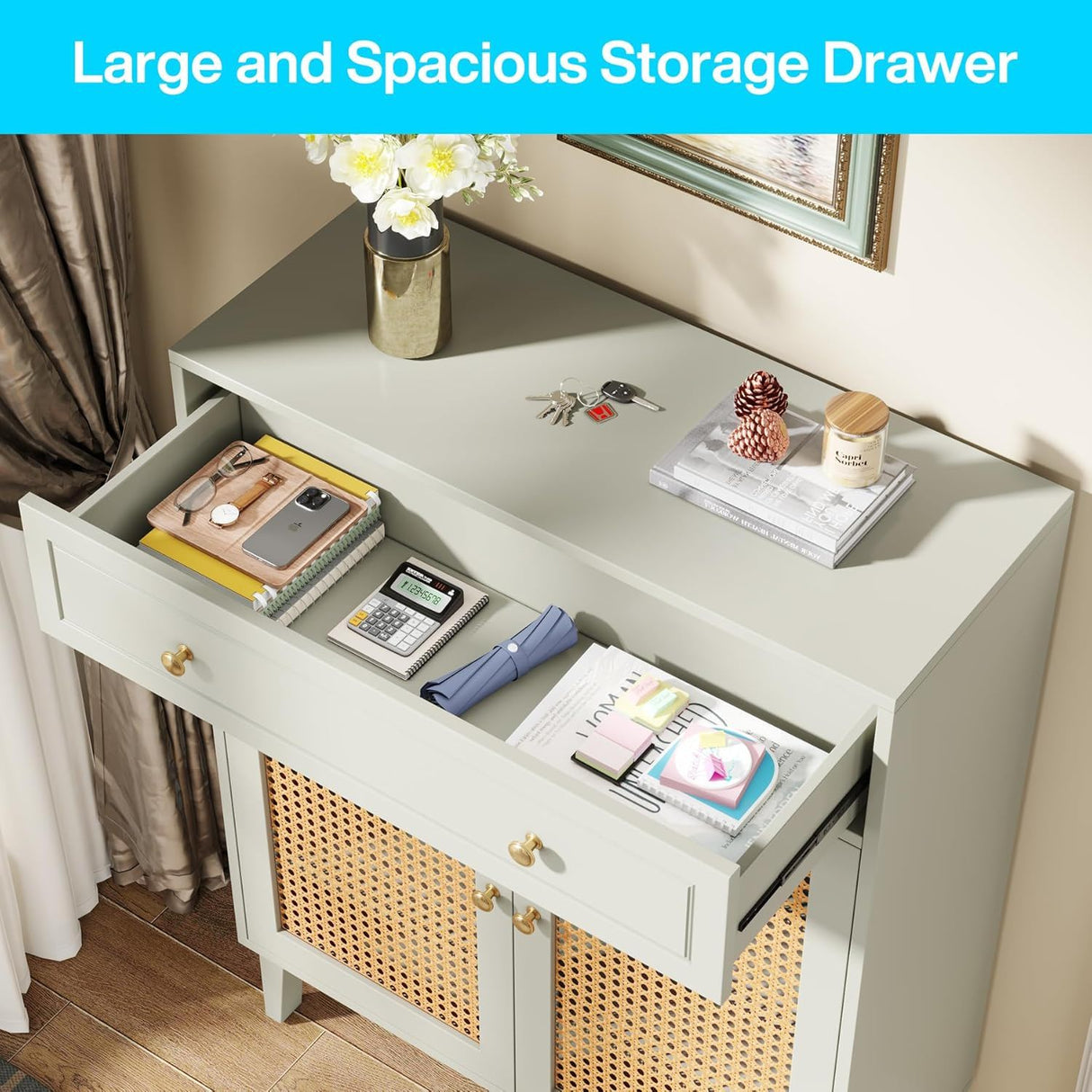 Shoe Cabinet With Rattan Doors And Drawer, 4 Tier Storage Organizer - Mint Green