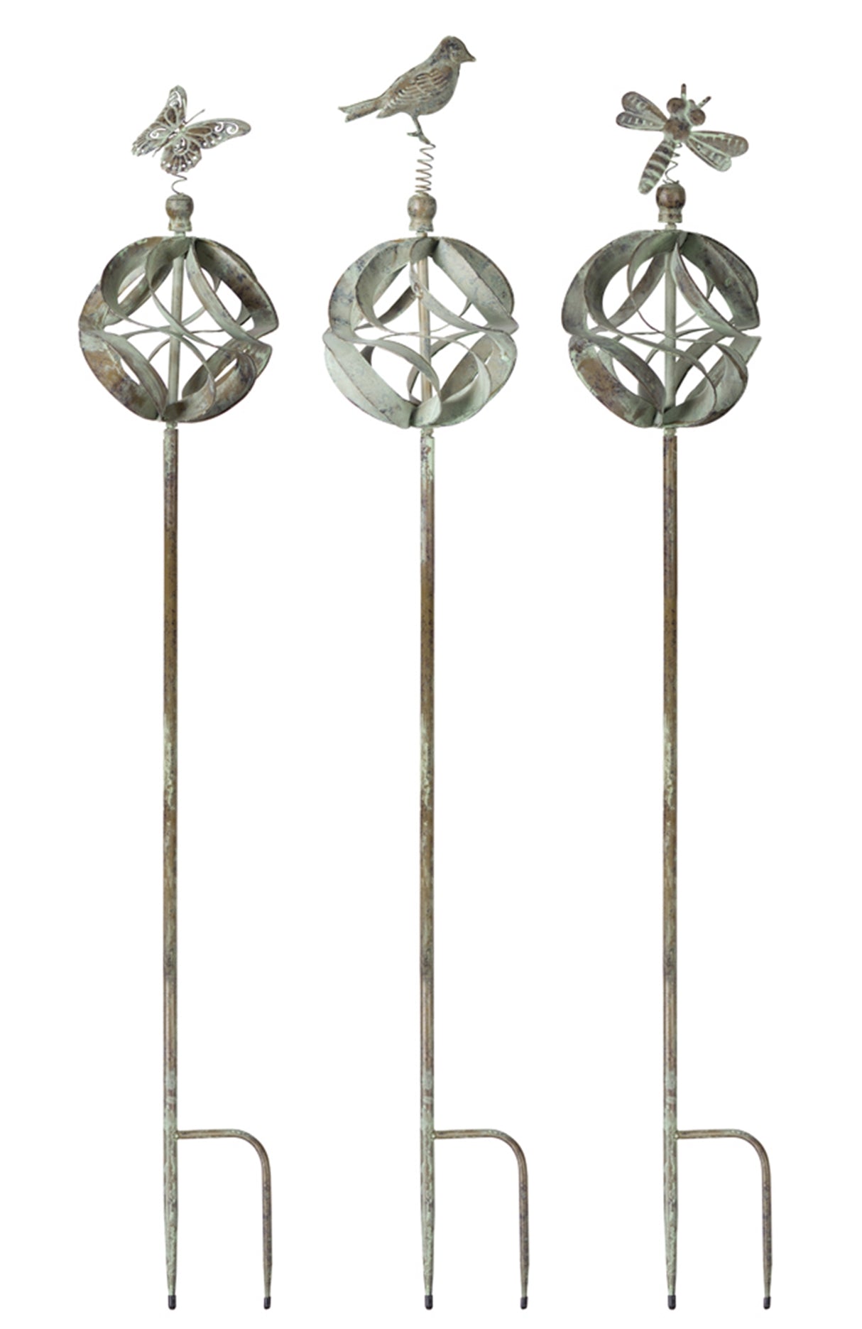 Ornamental-metal-garden-stake-with-bird-and-insect-accents-(set-of-3)-Garden-Decor