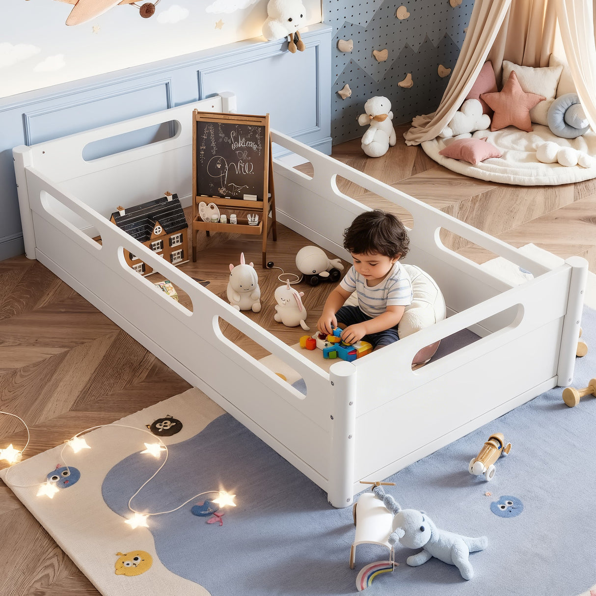Twin Size Floor Platform Bed with Full-Length Guardrails