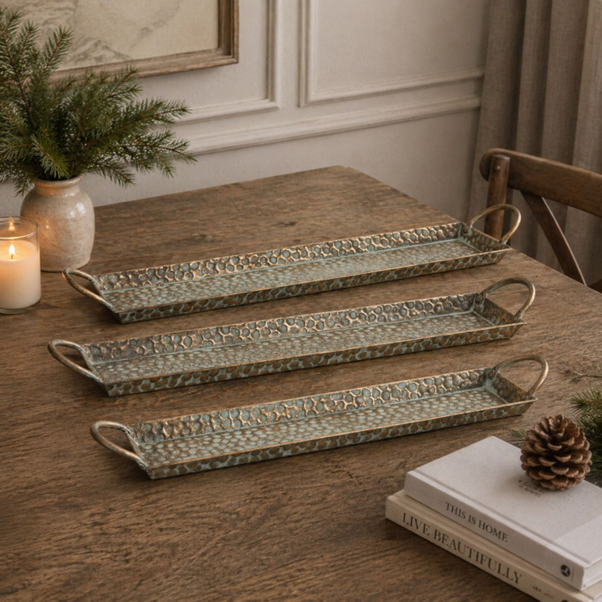 Hammered Metal Tray with Washed Finish and Handles (Set of 3)