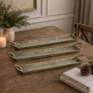 Hammered Metal Tray with Washed Finish and Handles (Set of 3)