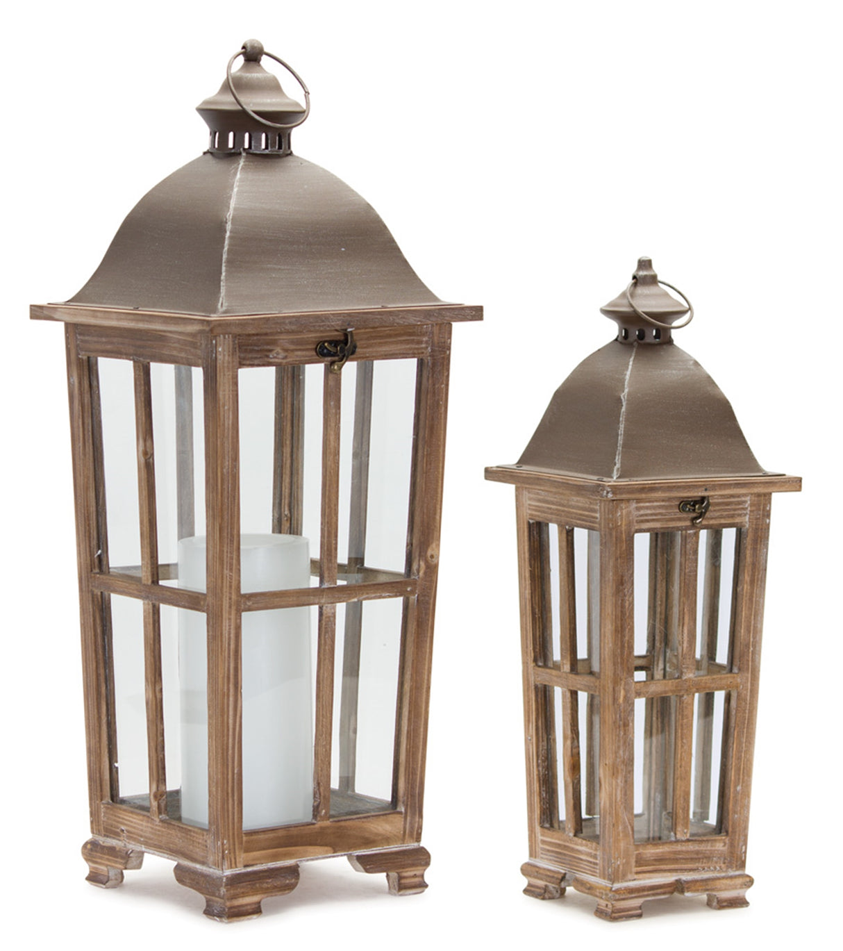 Tapered wood lantern with metal lid (set of 2)