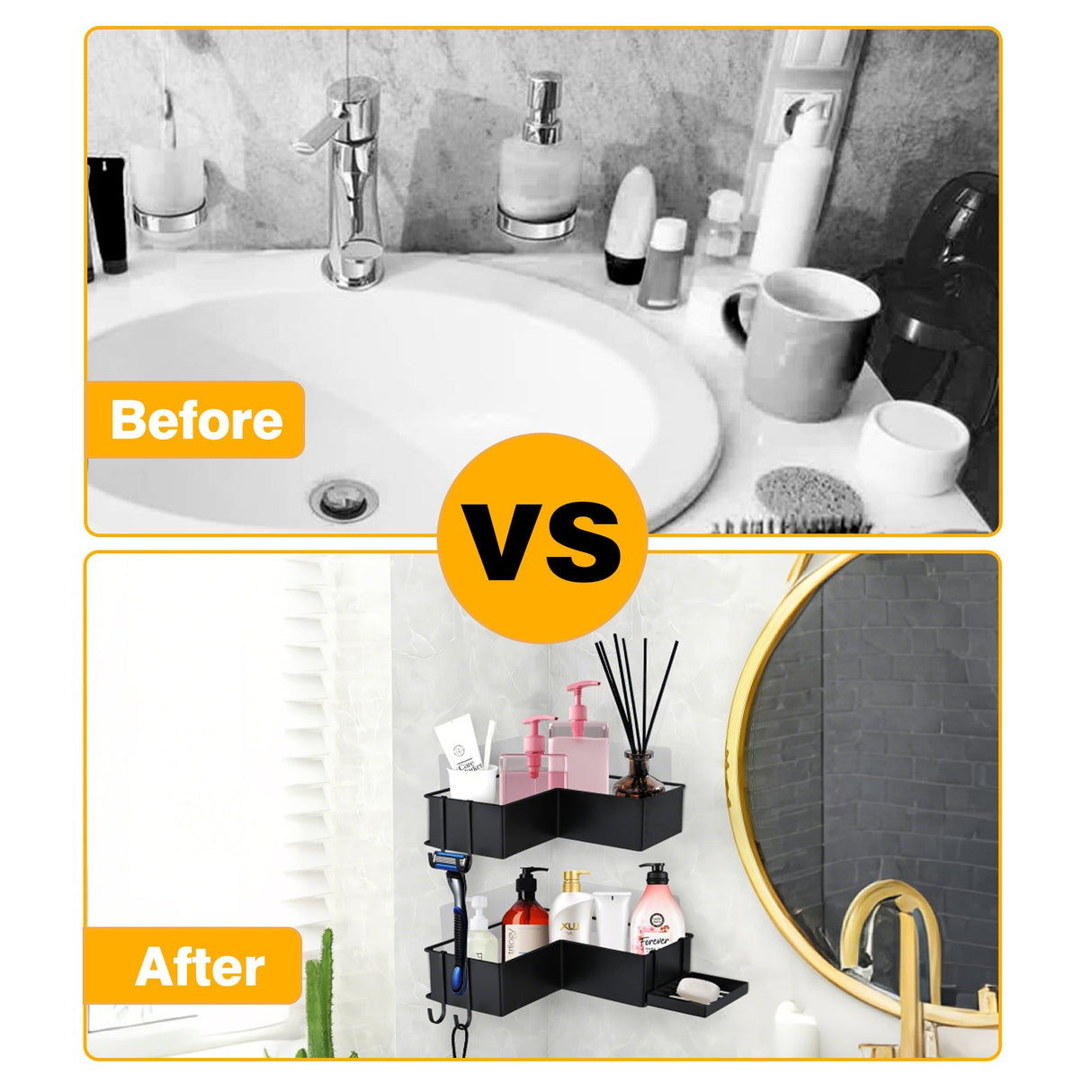 2-Pack Drill-Free Adhesive Corner Shower Caddy Organizer