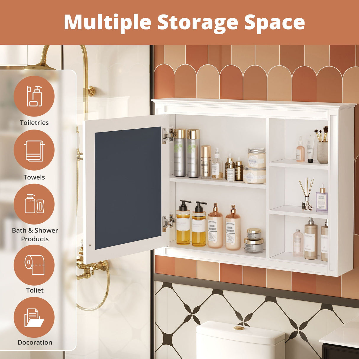 Wall Mounted Medicine Cabinet With Mirror, Adjustable Shelf - White