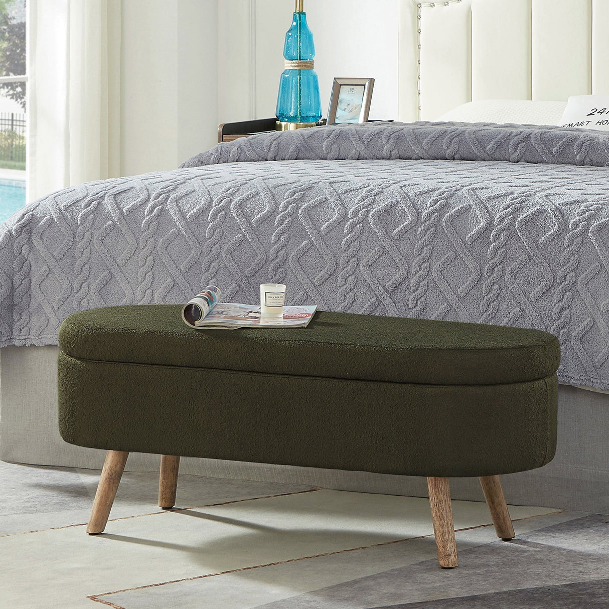 Luxury Oval Boucle Storage Ottoman Bench