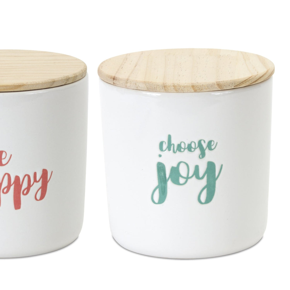 Stoneware Happy Sentiment Canister with Wood Lid (Set of 2)