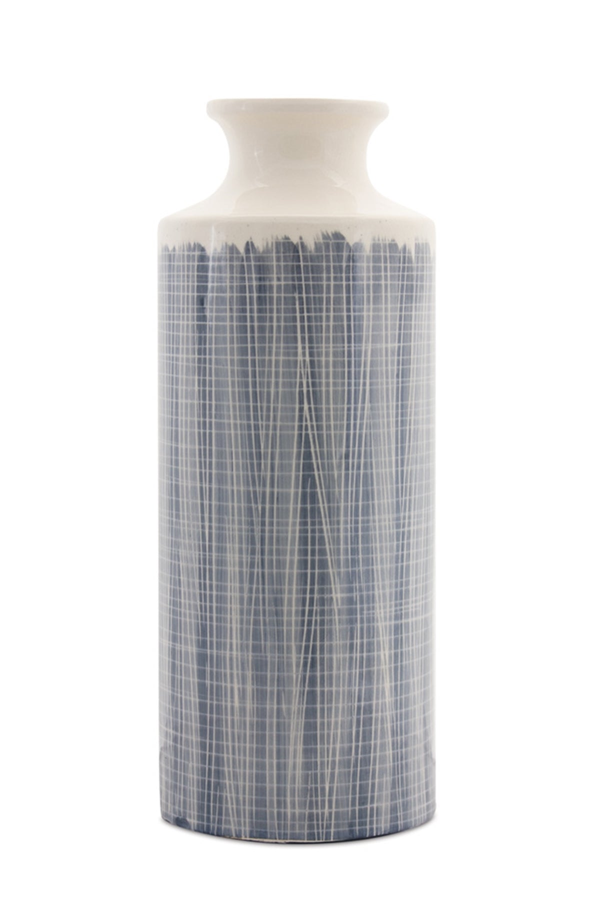 Terra cotta floor vase with navy criss cross pattern 24.75"h