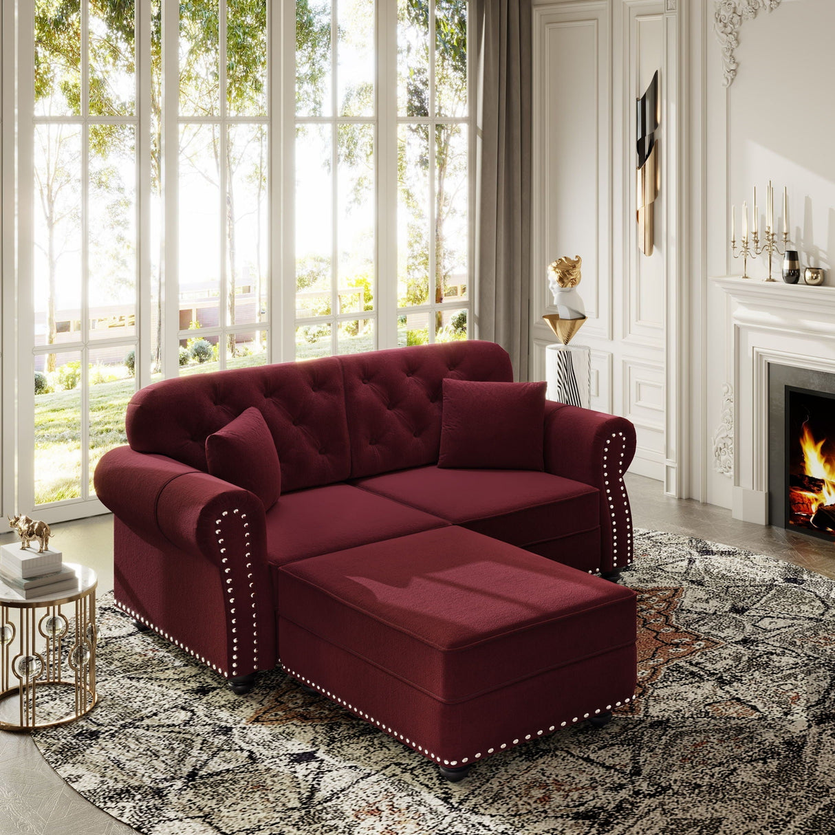 Upholstered Sofa Set With Nailhead Trim and Rolled Armrests, Includes Pillows