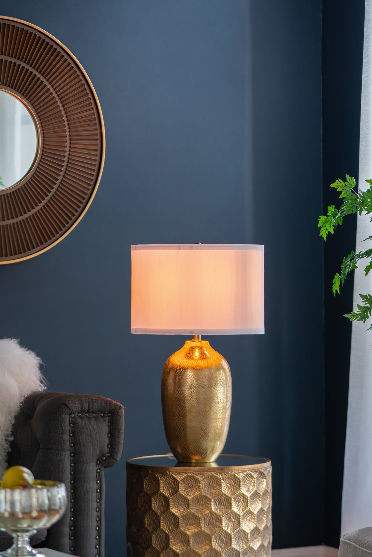 D15x25.7' Round Aluminum Sheet Gold Table Lamp with White Fabric Shade