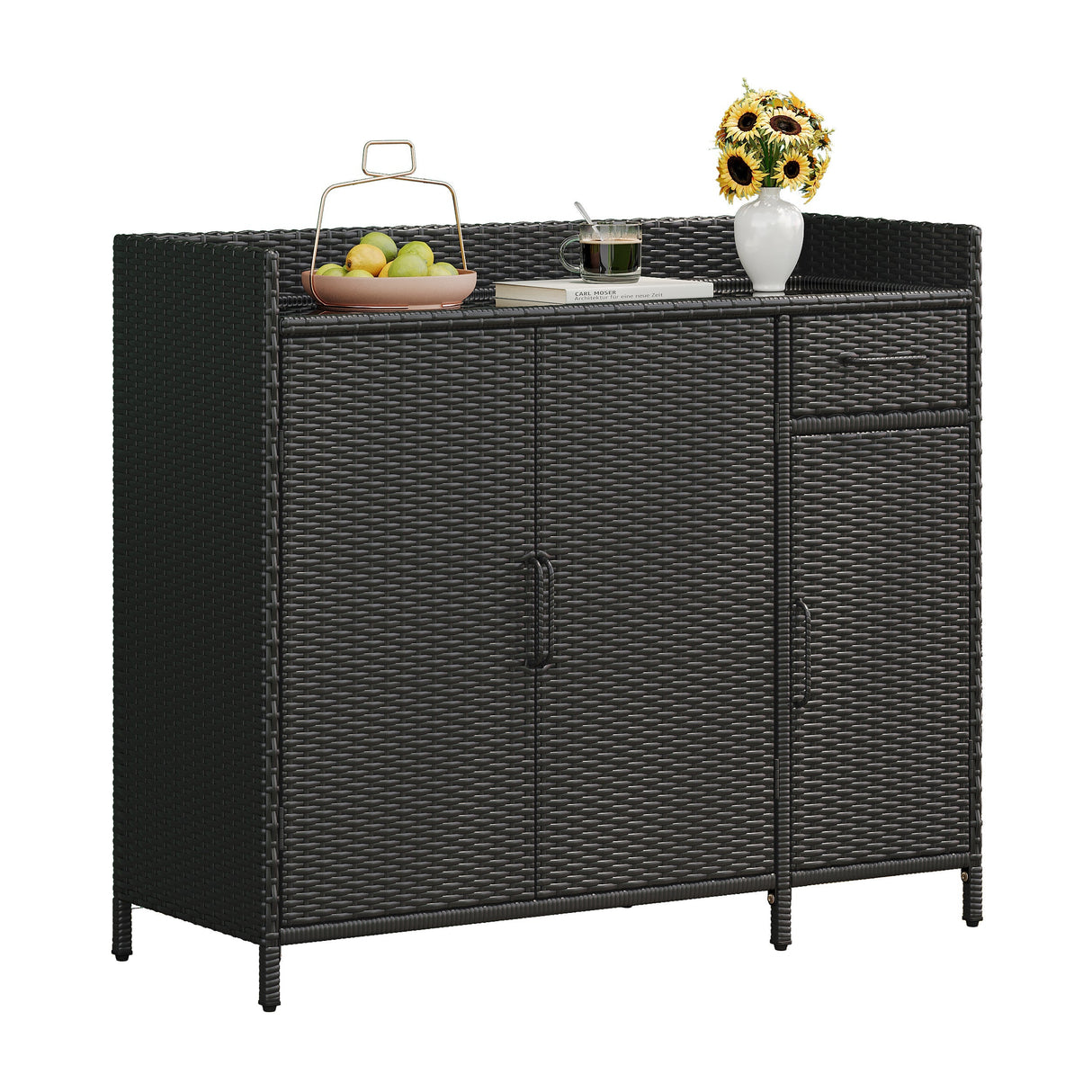 K&K 47.5"W Wicker Outdoor Storage Cabinet with Tempered Glass Desktop
