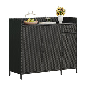 K&K 47.5"W Wicker Outdoor Storage Cabinet with Tempered Glass Desktop