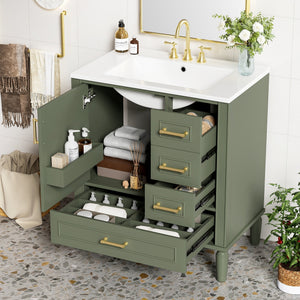 Elegant Olive Green 30' Bathroom Vanity with Ceramic Sink and Ample Storage, Solid Wood and MDF Construction