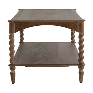 Rustic Brown Wood Coffee Table with Turned Spiral Legs and Lower Shelf