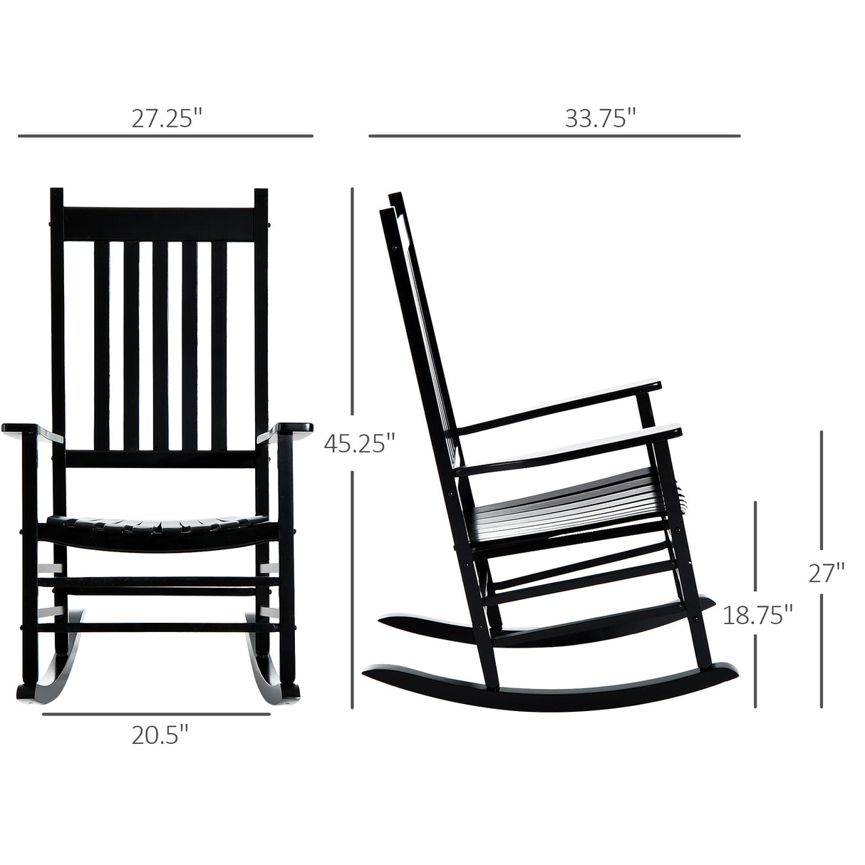 Outsunny outdoor rocking chair, patio wooden rocking chair with smooth armrests, high back for garden, balcony, porch, supports up to 352 lbs., black