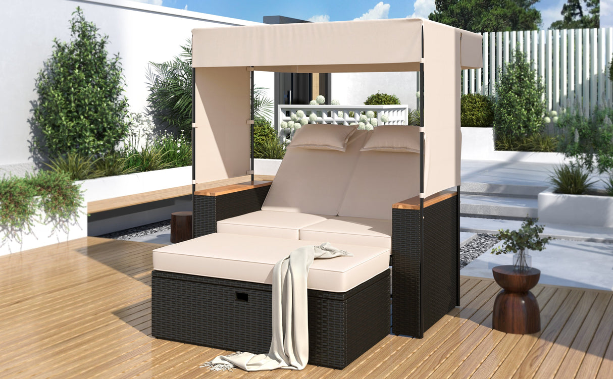 Bethany Two-Person Outdoor Rattan Daybed with Adjustable Canopy and Hidden Storage