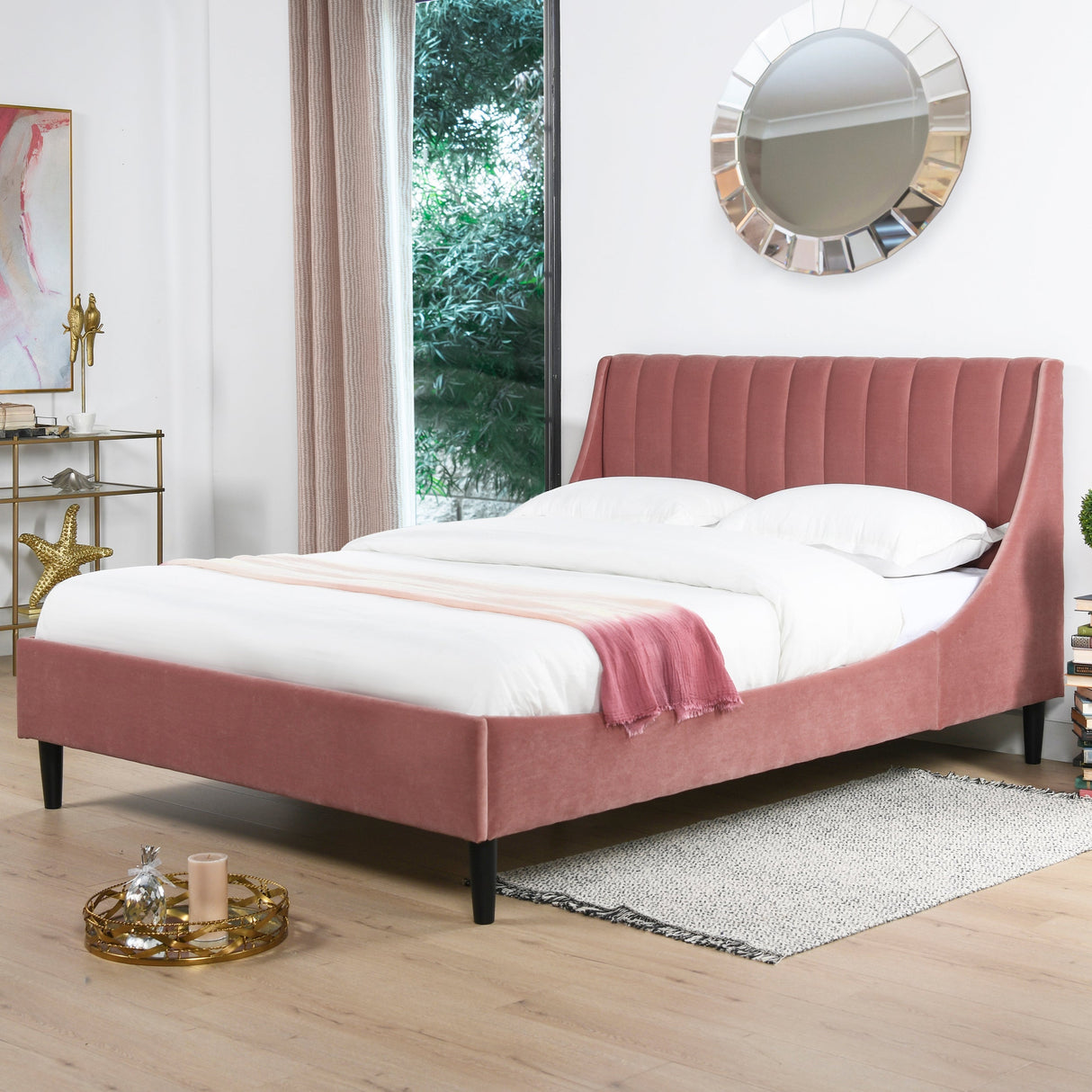 Aspen Vertical Tufted Headboard Platform Bed Set, Queen, Ash Rose Pink Velvet