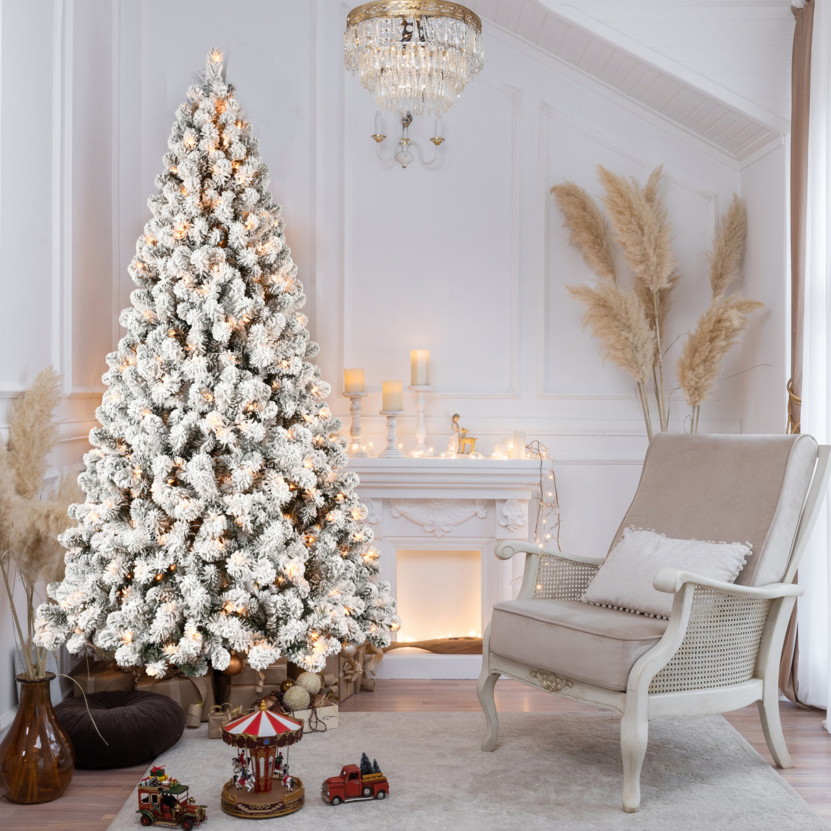 9ft The 9-Foot Pre-Lit Snow-Flocked Christmas Tree