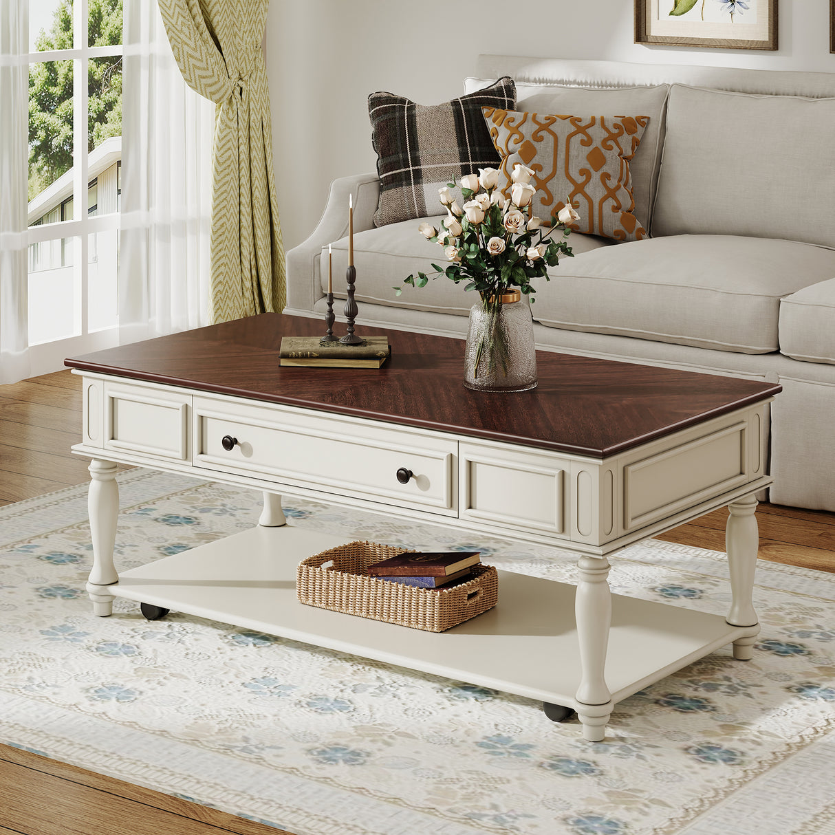 Farmhouse Coffee Table with One Drawer, Walnut+White