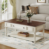 Farmhouse Coffee Table with One Drawer, Walnut+White