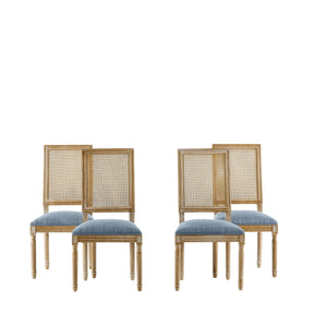 French Country Dining Chair With Rectangular Cane Backrest And Smooth Upholstered Seating