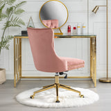 Velvet upholstered tufted chair with golden metal adjustable swivel base