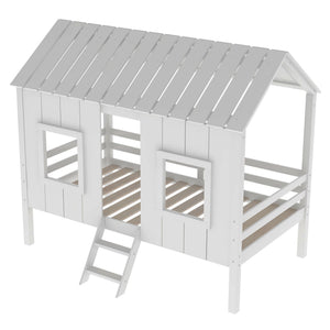 Twin Size Low Loft House Bed With Roof And 2 Front Windows - White
