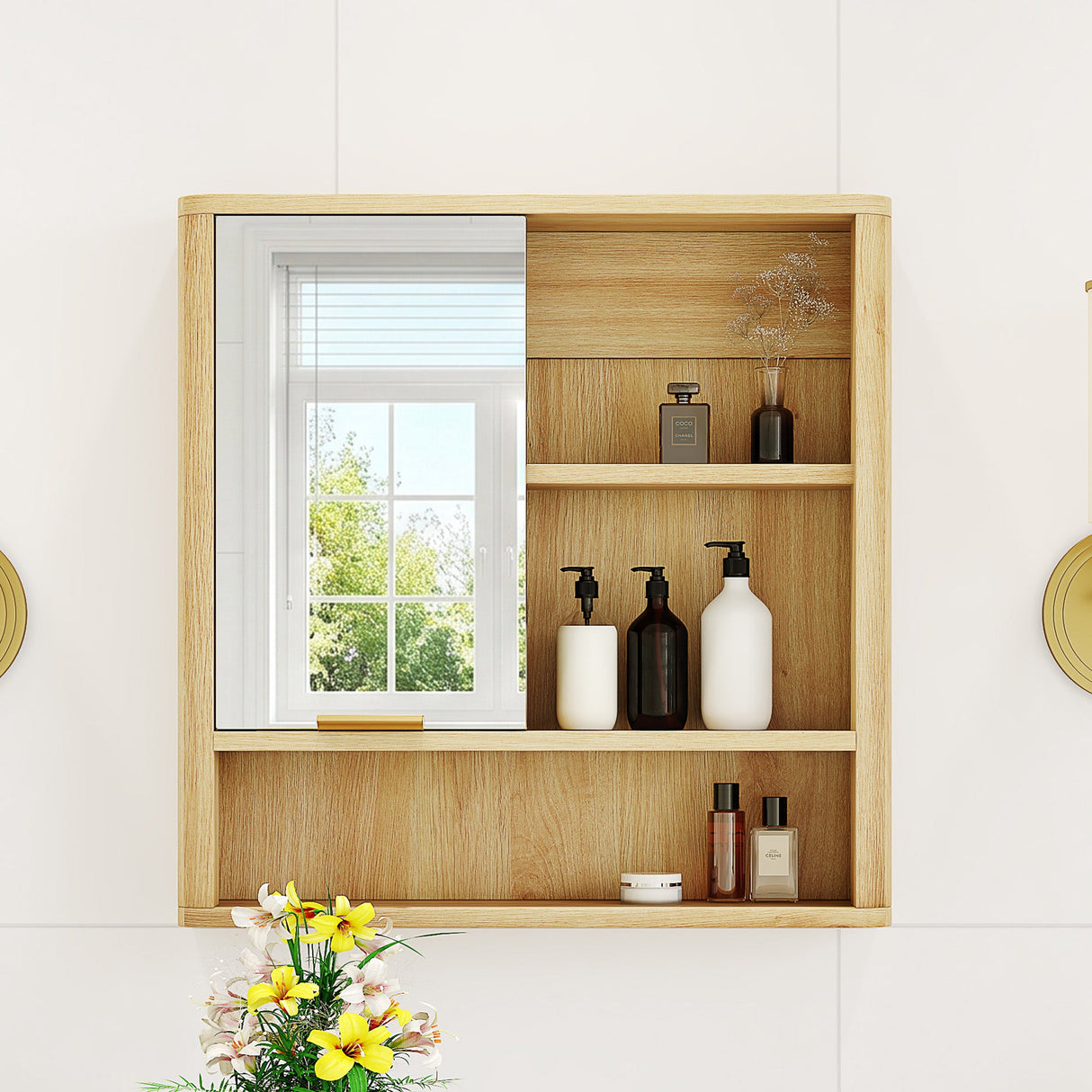 Natural Wood Finish Wall Mounted Mirror Cabinet