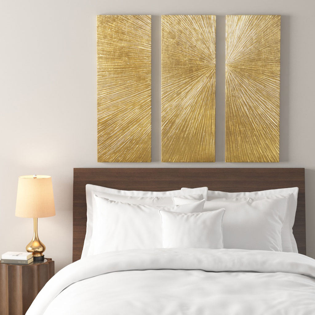 Signature Sunburst Hand-Painted Wall Art Triptych with Gold Foil – Gold