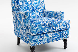 Upholstered Accent Chair with Blue and White Porcelain Print Linen Fabric