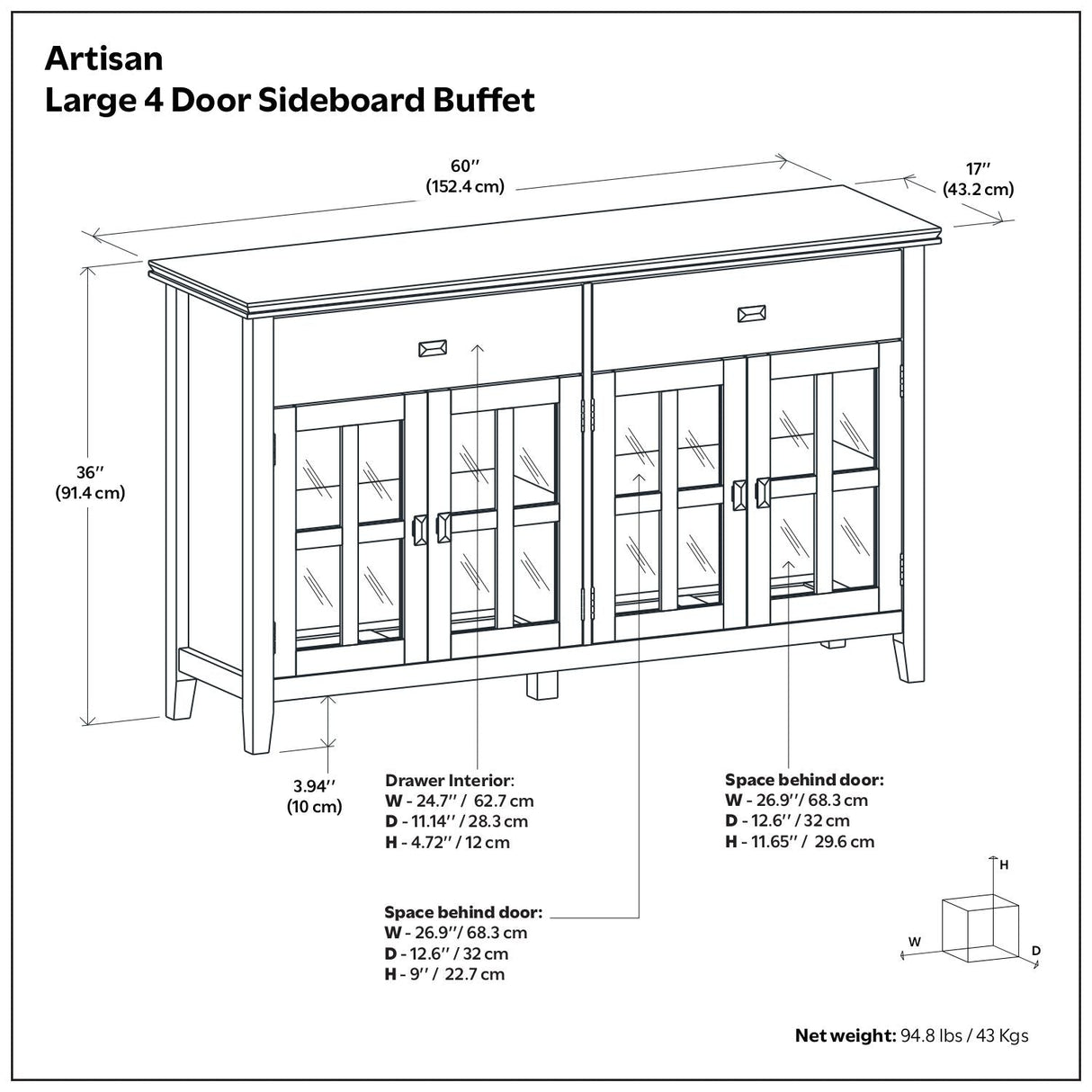 Artisan - Large 4 Door Sideboard Buffet - Dark Chestnut Brown