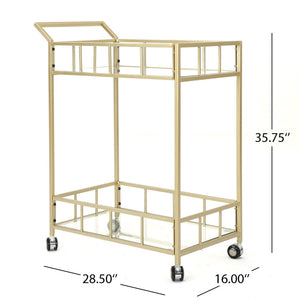 Modern Metal and Glass Bar Cart with Rolling Casters - Gold