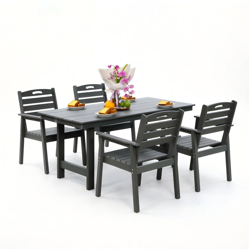HDPE outdoor patio dining set, one table and four chairs. The outdoor dining furniture has sunshade holes and is suitable. It is suitable for lawns, gardens, backyards, and pool sides.Grey,Waterproof
