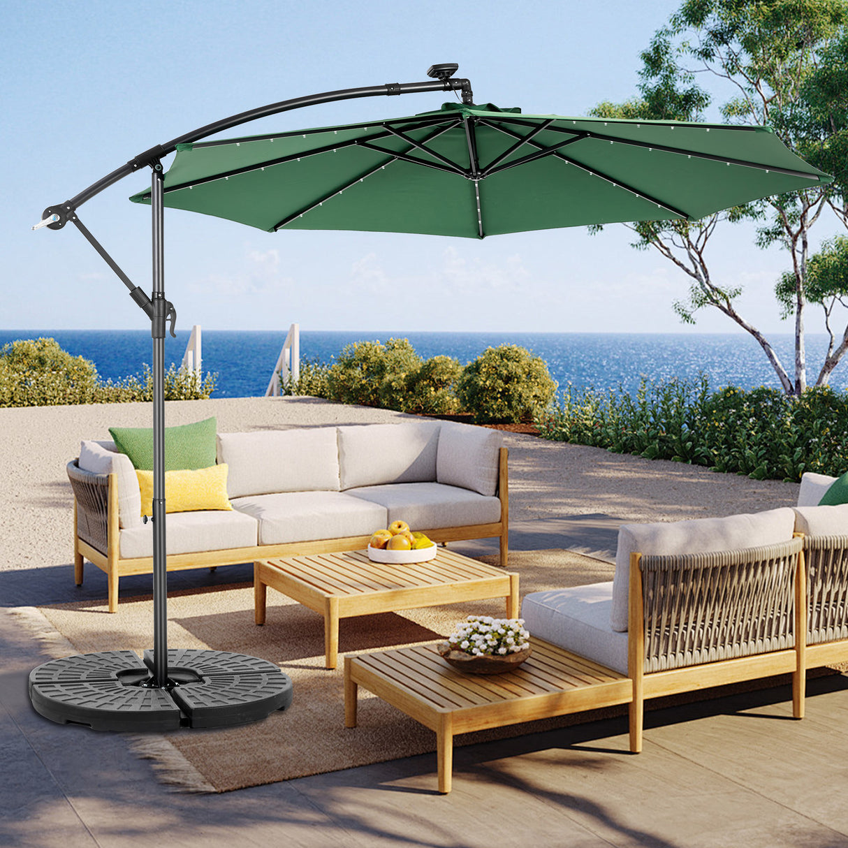 10ft-Solar-LED-Offset-Hanging-Market-Patio-Umbrella--(-Dark-green-)(No-Base)-Umbrellas-&-Sunshades
