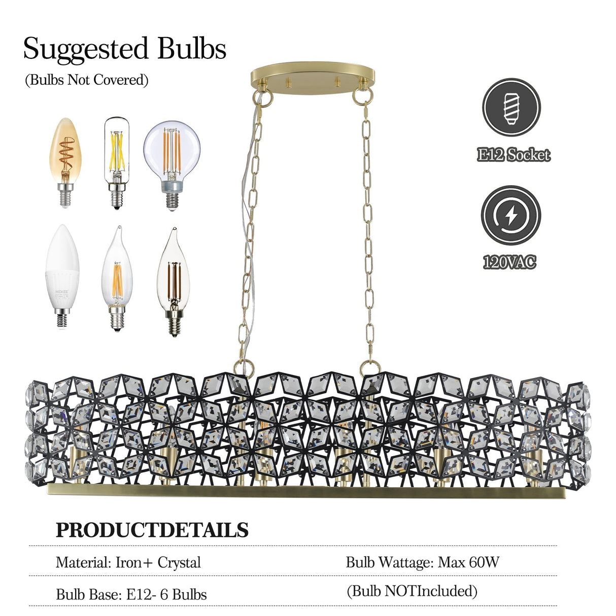 39" Contemporary Crystal and Black-Gold Pendant Chandelier