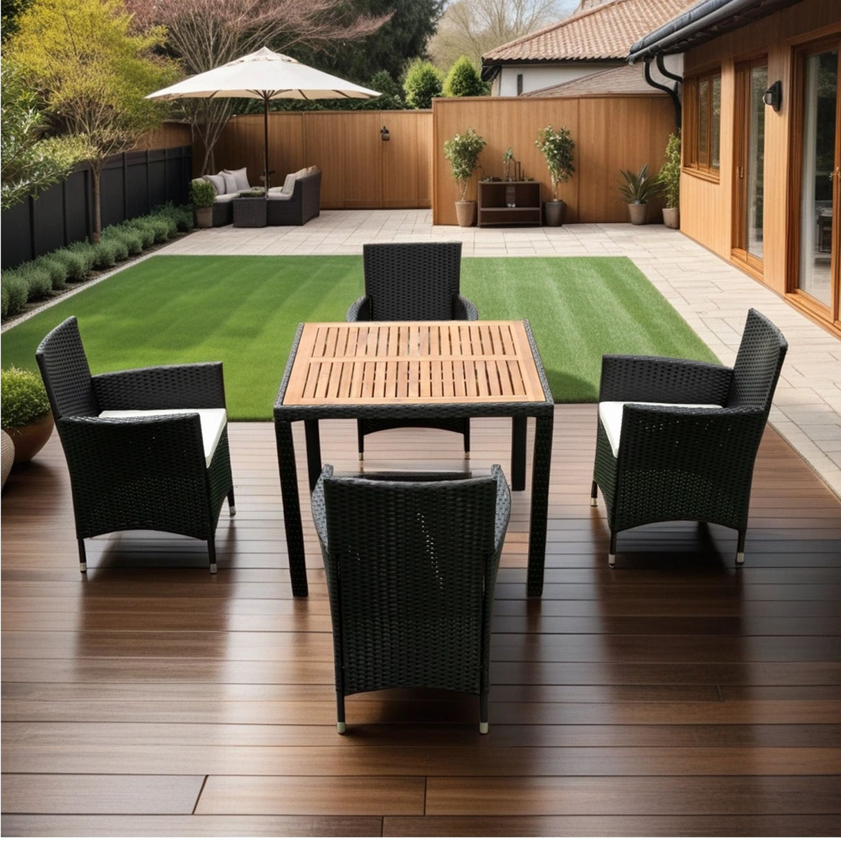 Outdoor Patio Wicker Dining Set With Acacia Wood Top