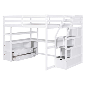 Loft Bed With Desk, Shelves, 2 Drawers, Storage Staircase
