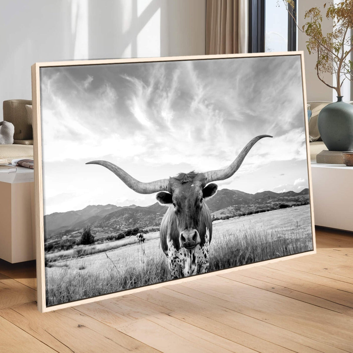 Longhorn Black and White Wall Art – Rustic Western Bull