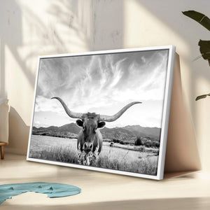 Longhorn Black and White Wall Art – Rustic Western Bull