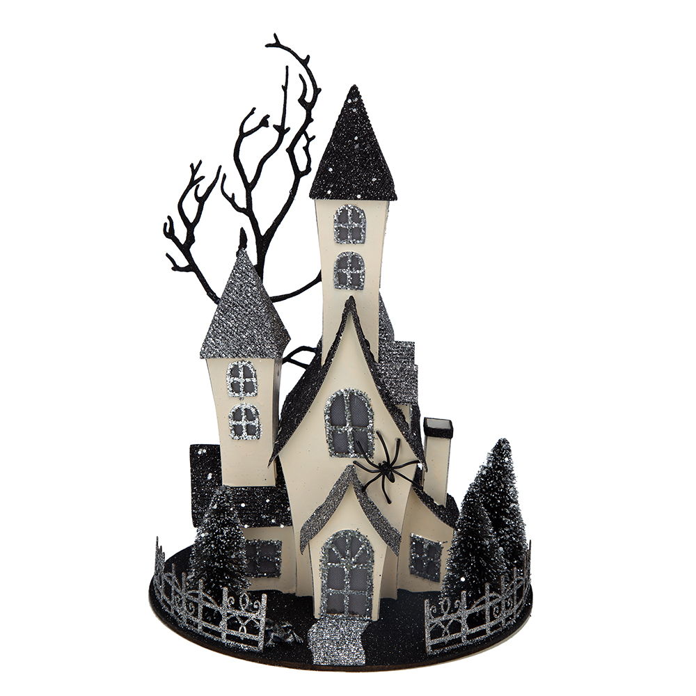 Cardboard Lighted Haunted House, Tabletop Holiday Halloween Decor, Battery Powered - Beige / Black