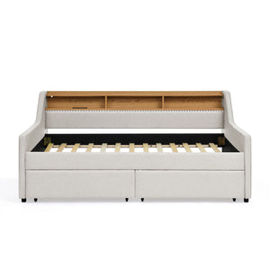 Twin Upholstered Sofa Bed With LED Lights, Storage Drawers, Adjustable Headboard & Wireless Charging - Beige