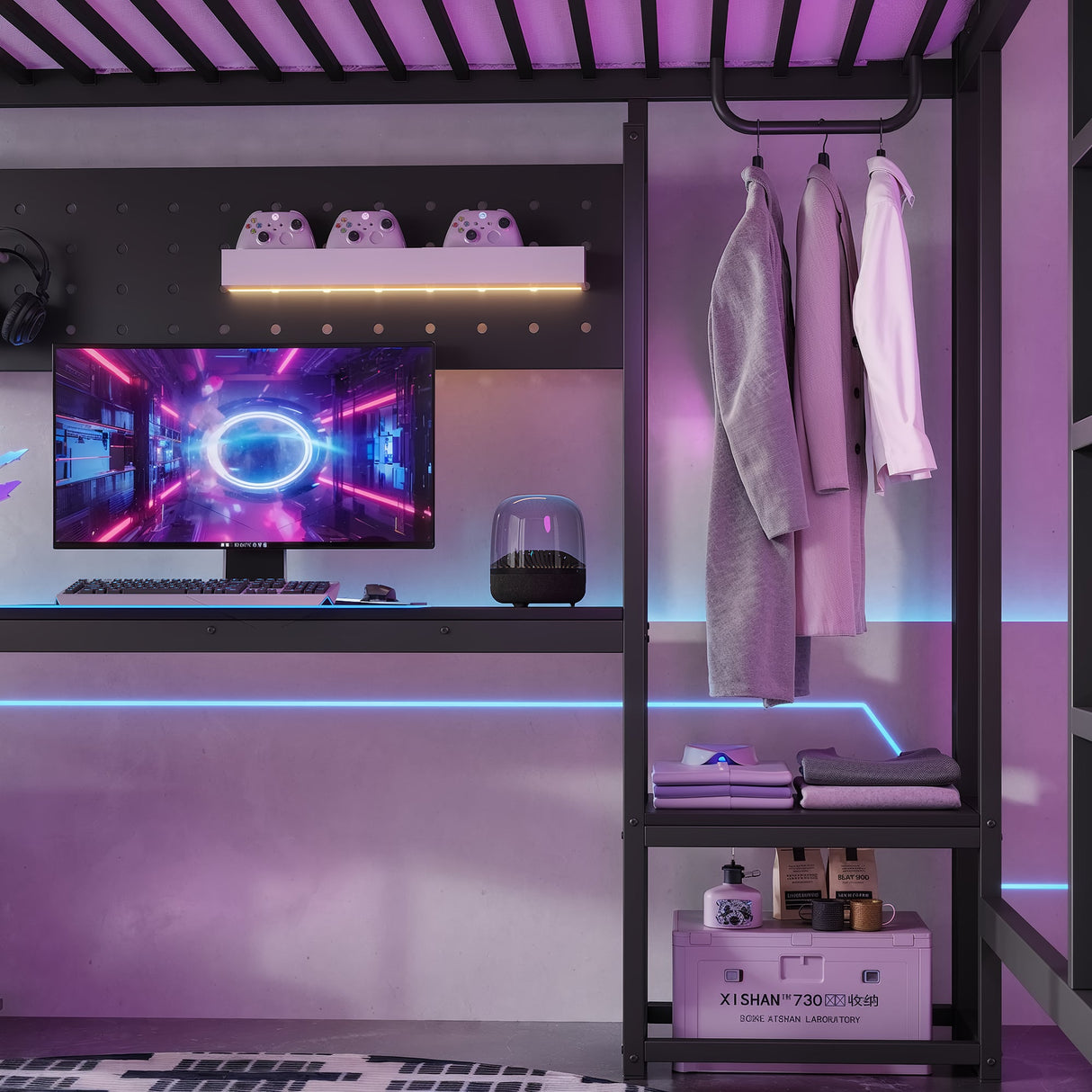 Queen Loft Bed with L-shaped Desk and USB Ports